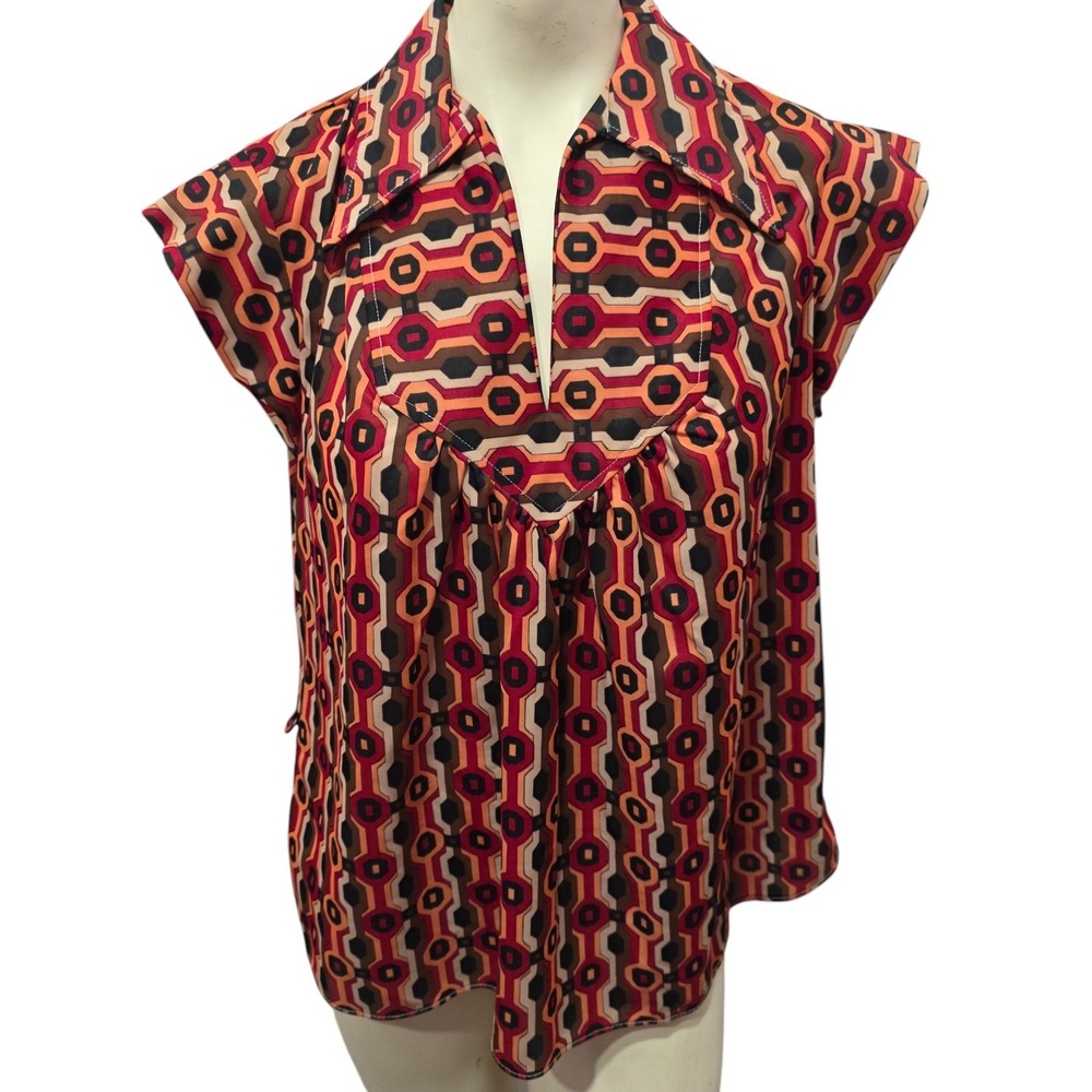 Vintage 70s Blouse Size 40 Geometric Mod Disco Groovy Acetate Nylon Retro Top